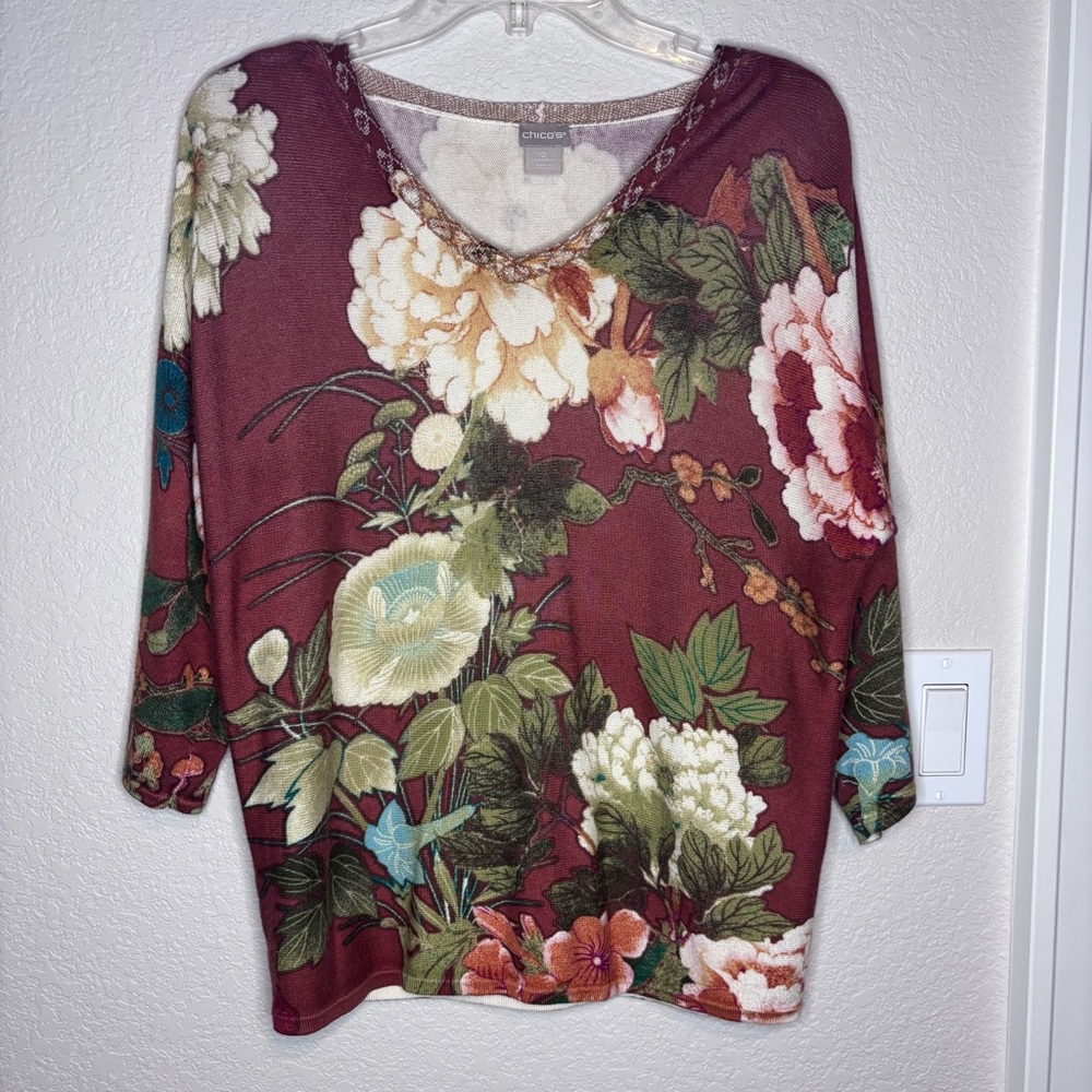 Chico's Rust and Cream‎ Graphic 3/4 Sleeve Sweater